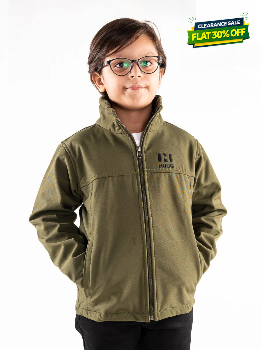 Olive Stand Up Collar Soft Shell Kids Jacket