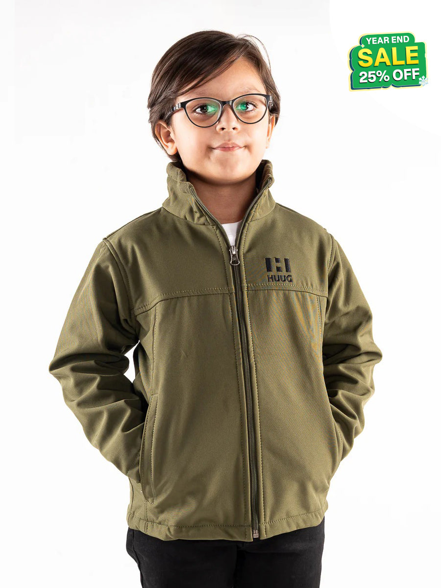Olive Stand Up Collar Soft Shell Kids Jacket