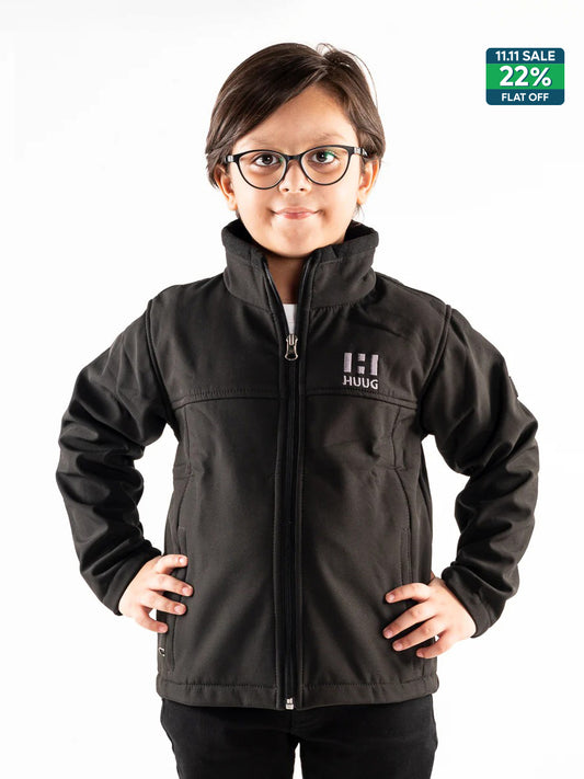 Black Stand Up Collar Soft Shell Kids Jacket