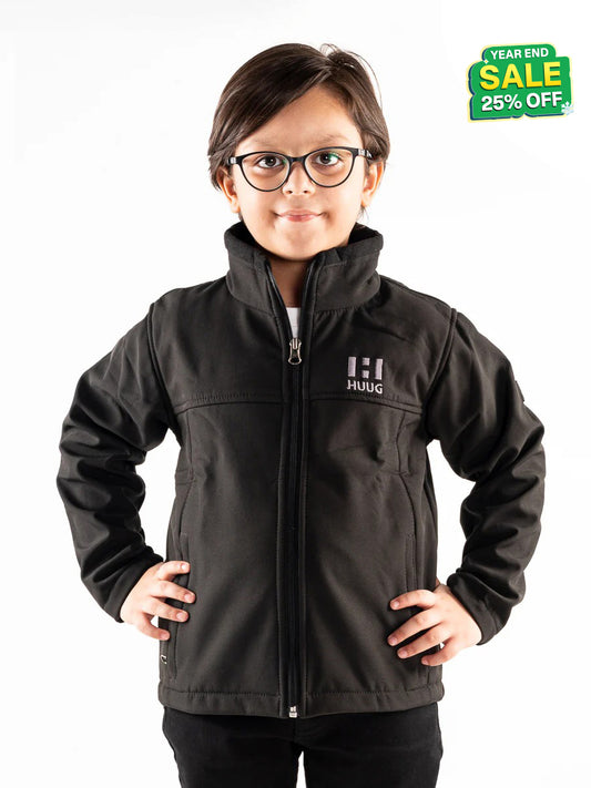 Black Stand Up Collar Soft Shell Kids Jacket