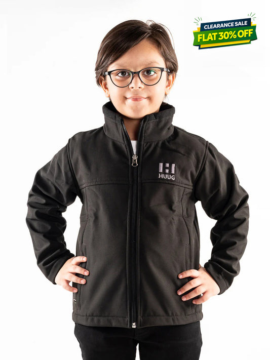 Black Stand Up Collar Soft Shell Kids Jacket