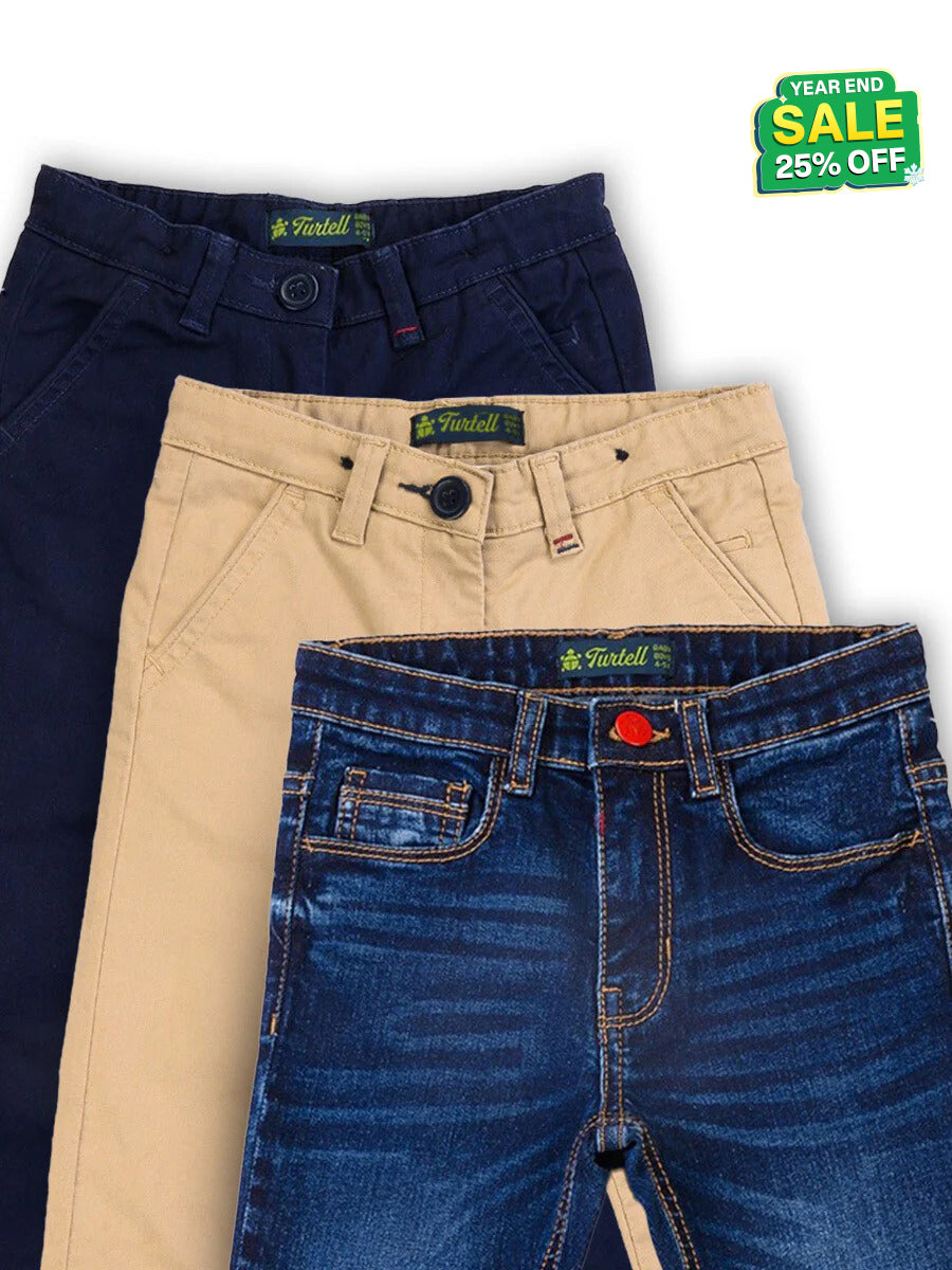 Pack of 3 - Kids & Babies 2 Chinos 1 Medium Blue Jeans