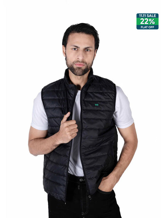 Men Black Quilted Short Body Slim-Fit Gilet Puffer Jacket
