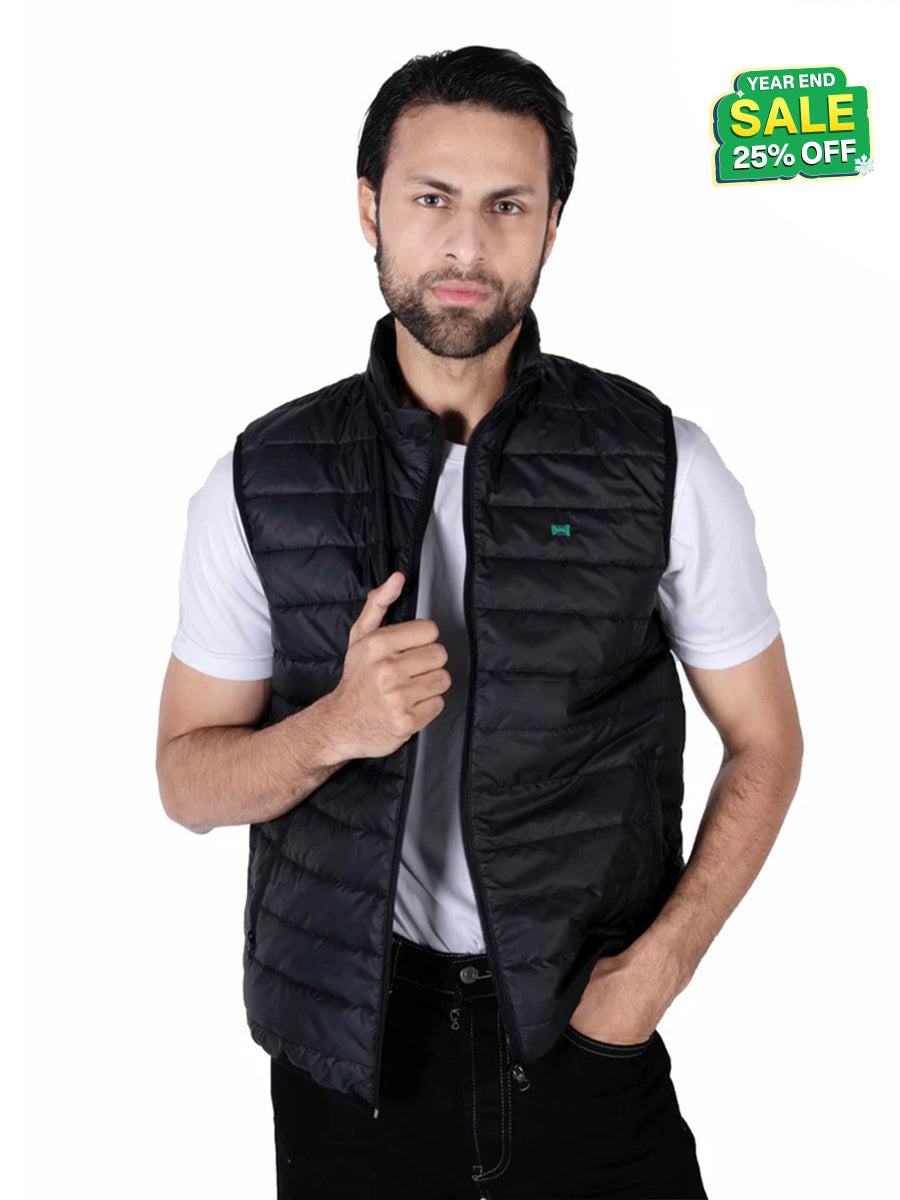 Men Black Quilted Short Body Slim-Fit Gilet Puffer Jacket