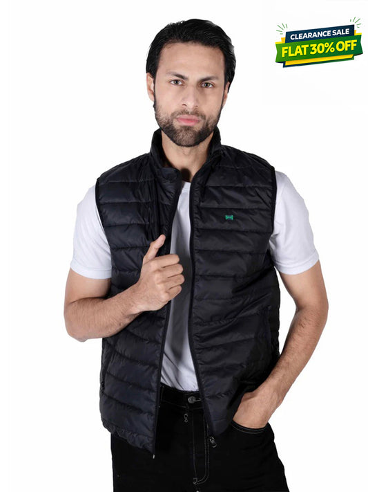 Men Black Quilted Short Body Slim-Fit Gilet Puffer Jacket