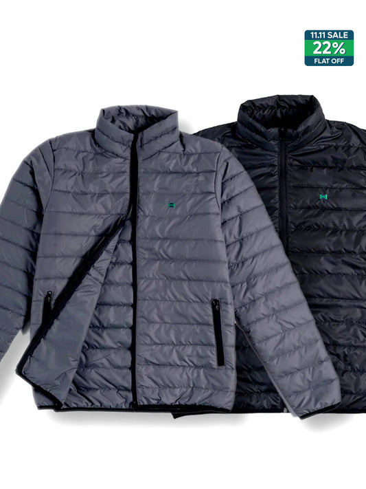 Men Grey/Black Short Body Slim-Fit Full-Sleeves Puffer Jackets - Pack of 2