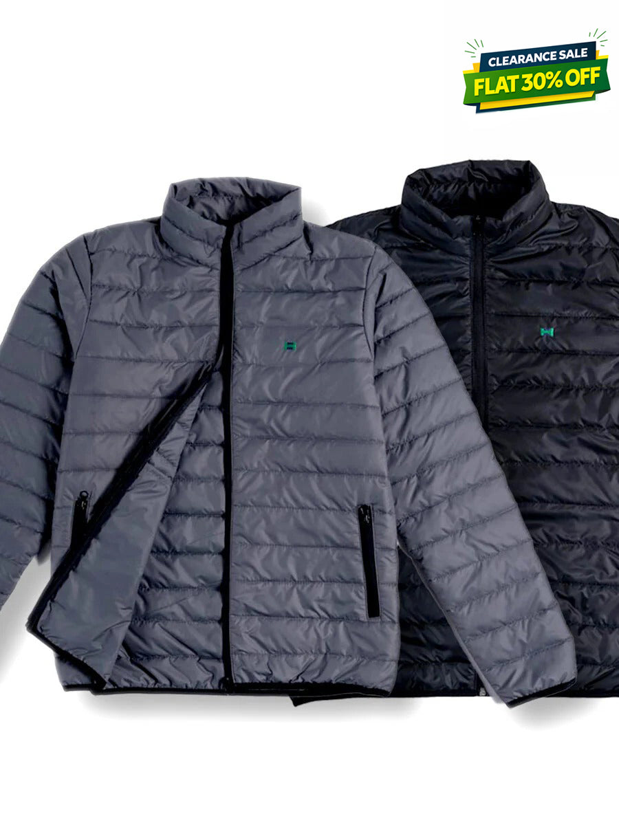 Men Grey/Black Short Body Slim-Fit Full-Sleeves Puffer Jackets - Pack of 2