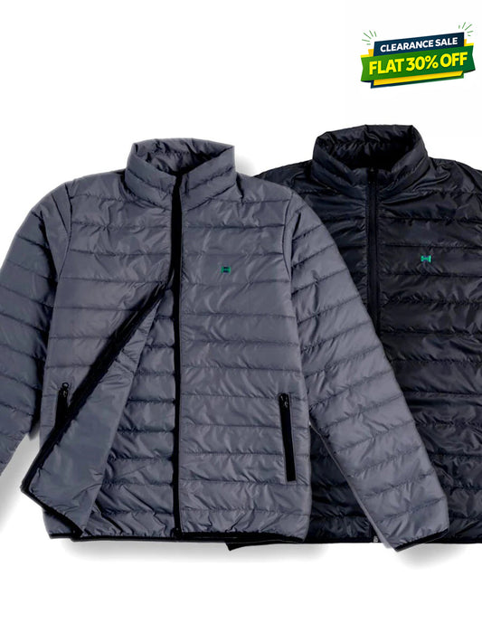 Men Grey/Black Short Body Slim-Fit Full-Sleeves Puffer Jackets - Pack of 2