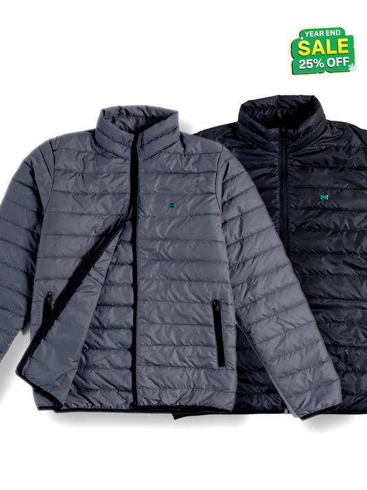 Men Grey/Black Short Body Slim-Fit Full-Sleeves Puffer Jackets - Pack of 2