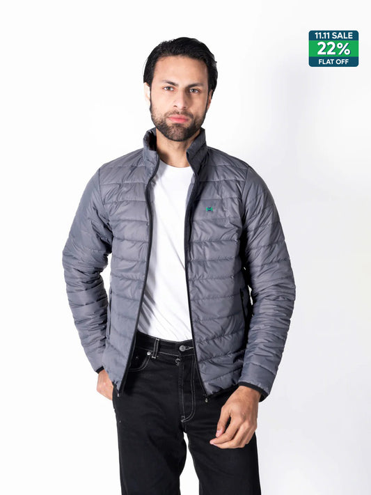 Men Grey Short Body Slim-Fit Full-Sleeves Puffer Jacket