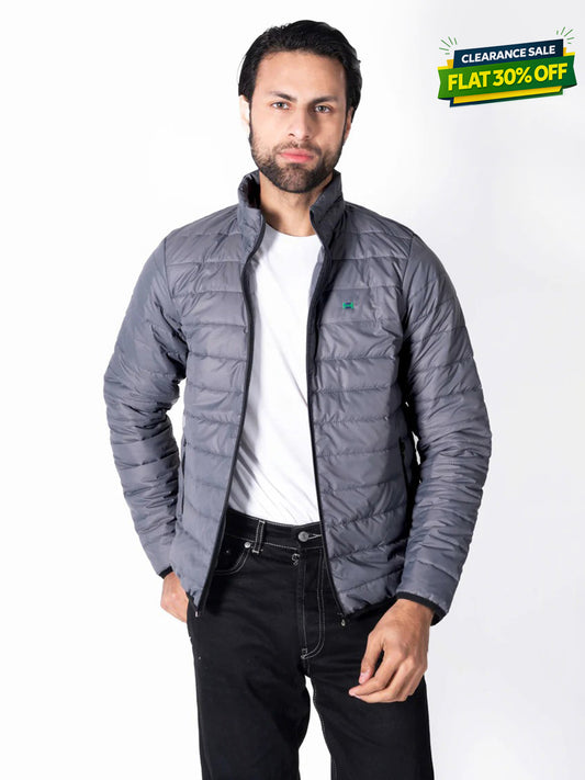 Men Grey Short Body Slim-Fit Full-Sleeves Puffer Jacket