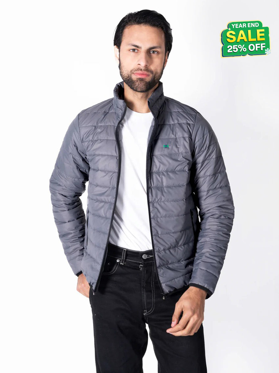 Men Grey Short Body Slim-Fit Full-Sleeves Puffer Jacket
