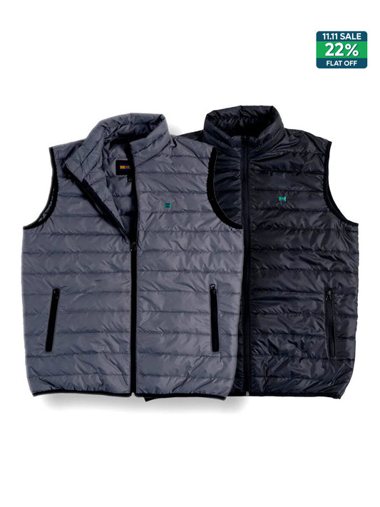 Men Grey/Black Quilted Short Body Slim-Fit Gilet Puffer Jackets - Pack of 2