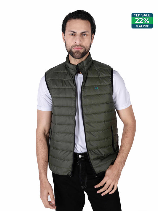 Men Olive Quilted Short Body Slim-Fit Gilet Puffer Jacket