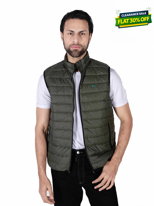 Men Olive Quilted Short Body Slim-Fit Gilet Puffer Jacket