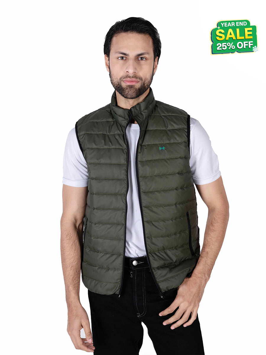 Men Olive Quilted Short Body Slim-Fit Gilet Puffer Jacket