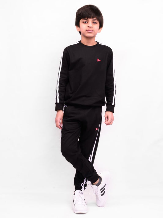 Kids Black Stripe Fleece Crew Sweatsuit