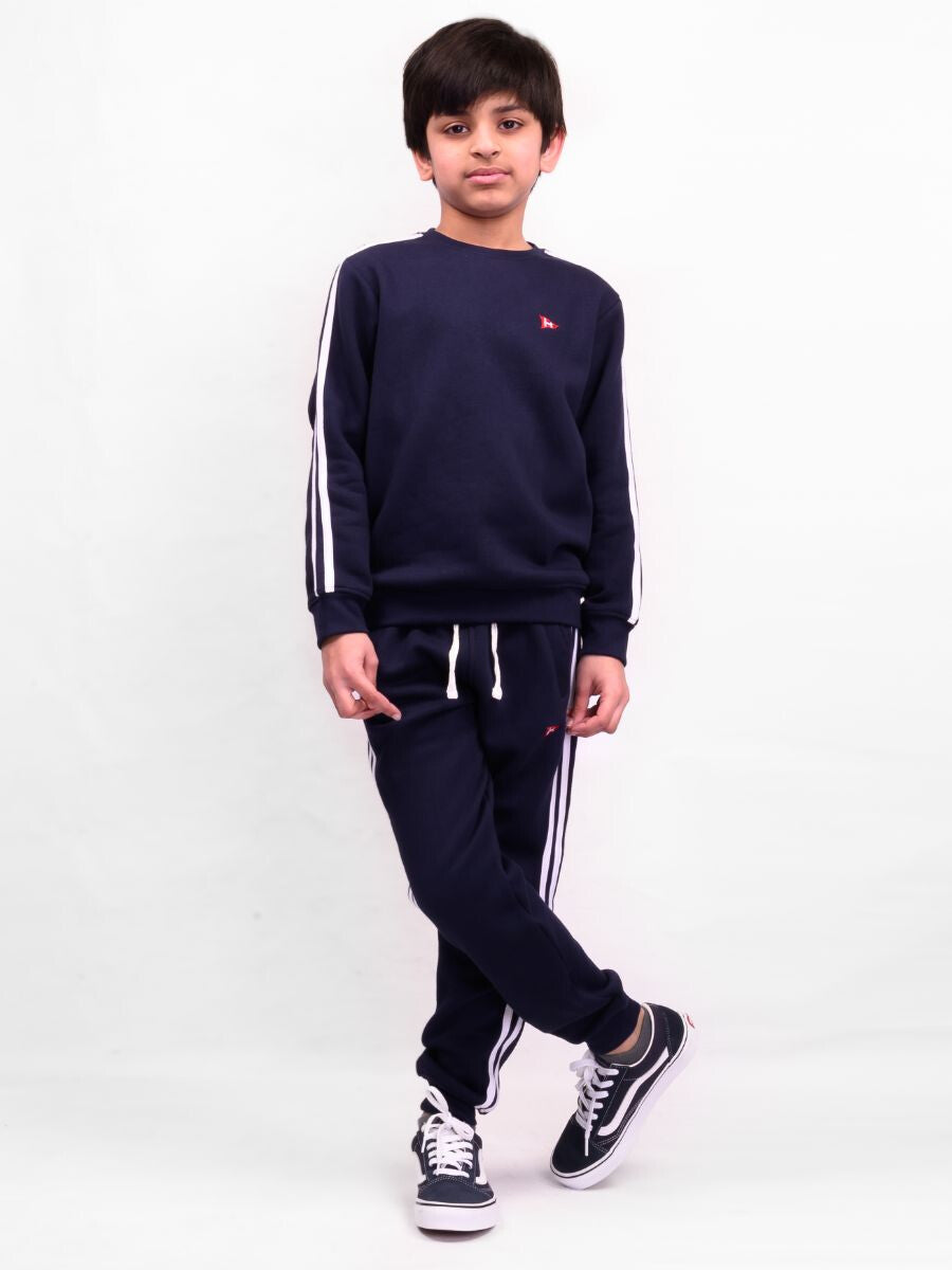 Kids Navy Blue Stripe Fleece Crew Sweatsuit