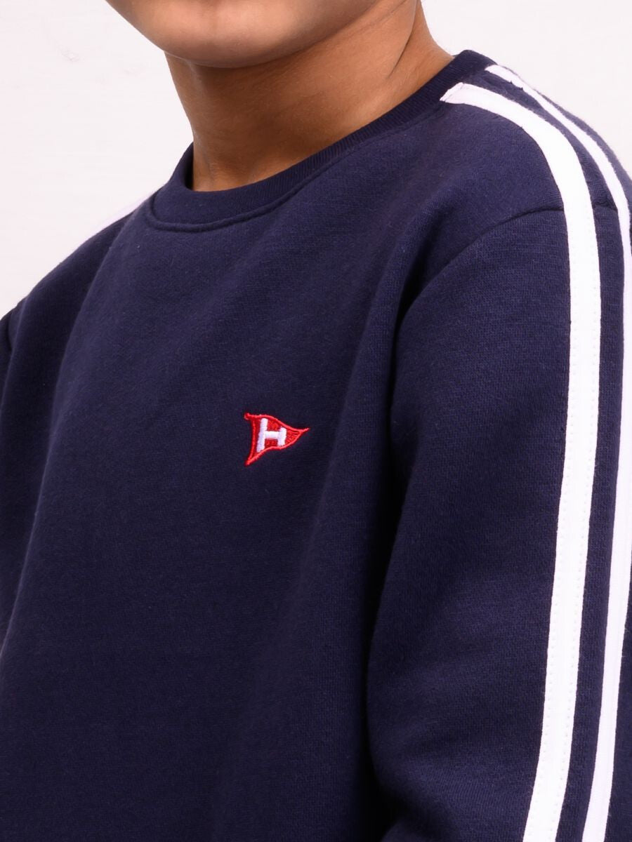 Kids Navy Blue Stripe Fleece Crew Sweatsuit