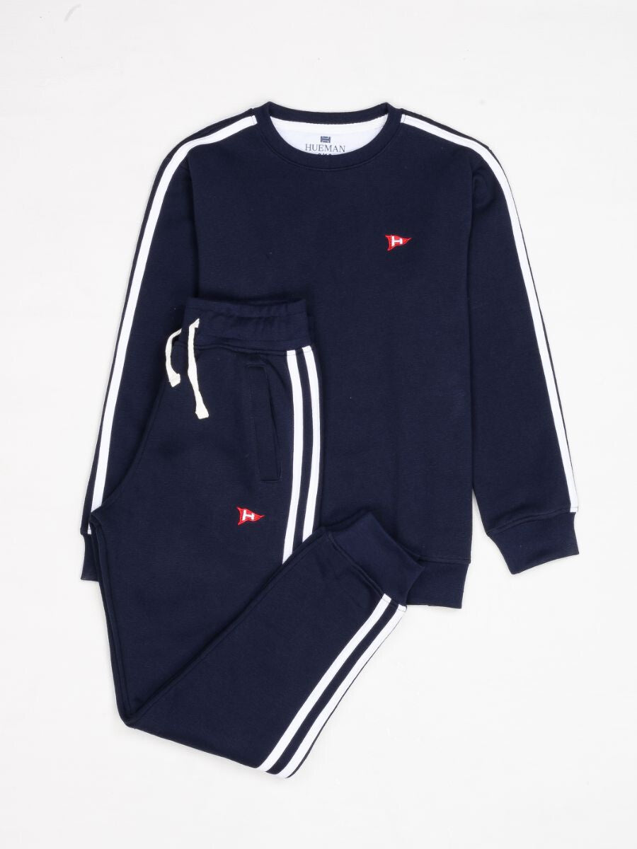 Kids Navy Blue Stripe Fleece Crew Sweatsuit