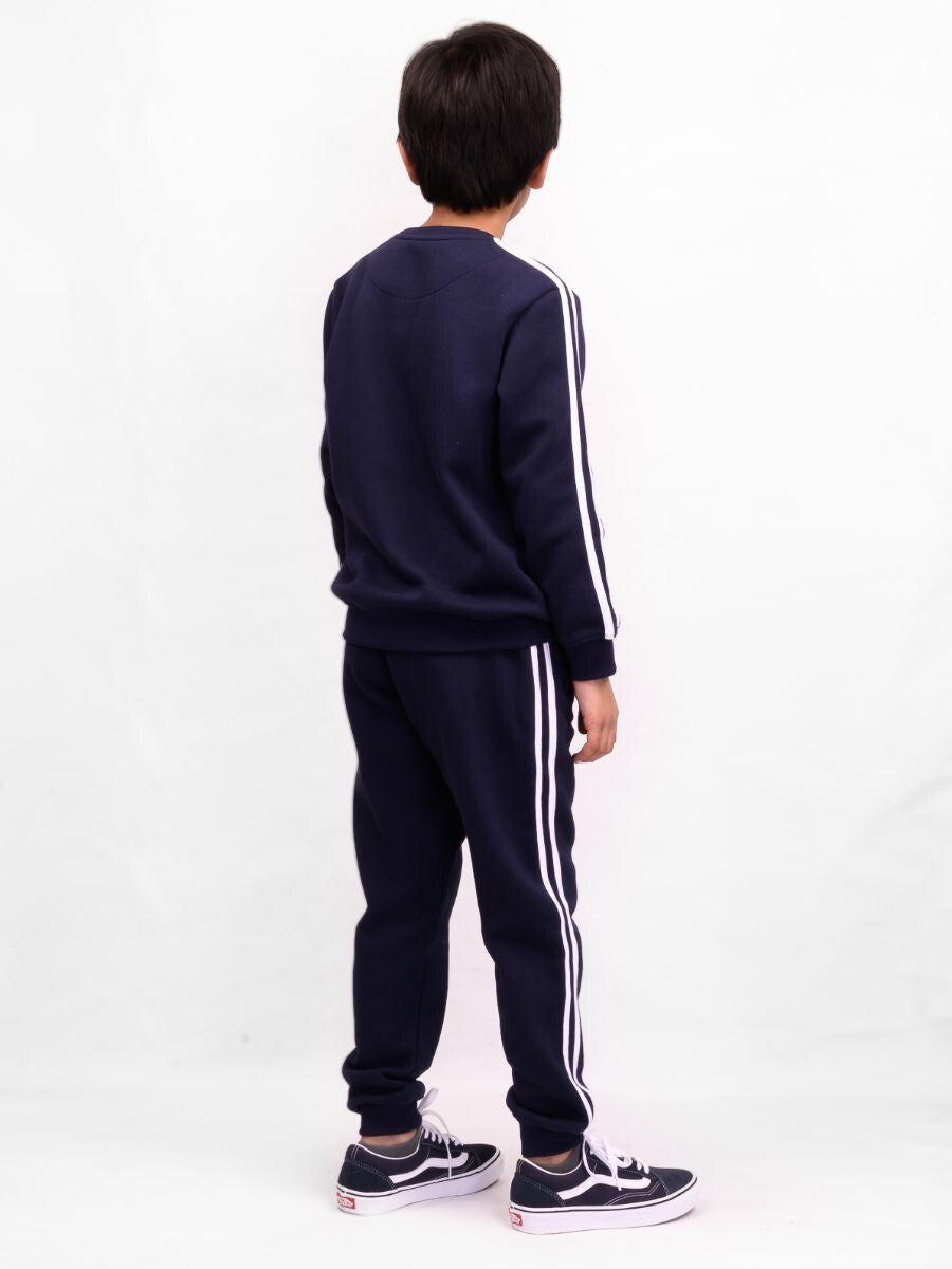 Kids Navy Blue Stripe Fleece Crew Sweatsuit