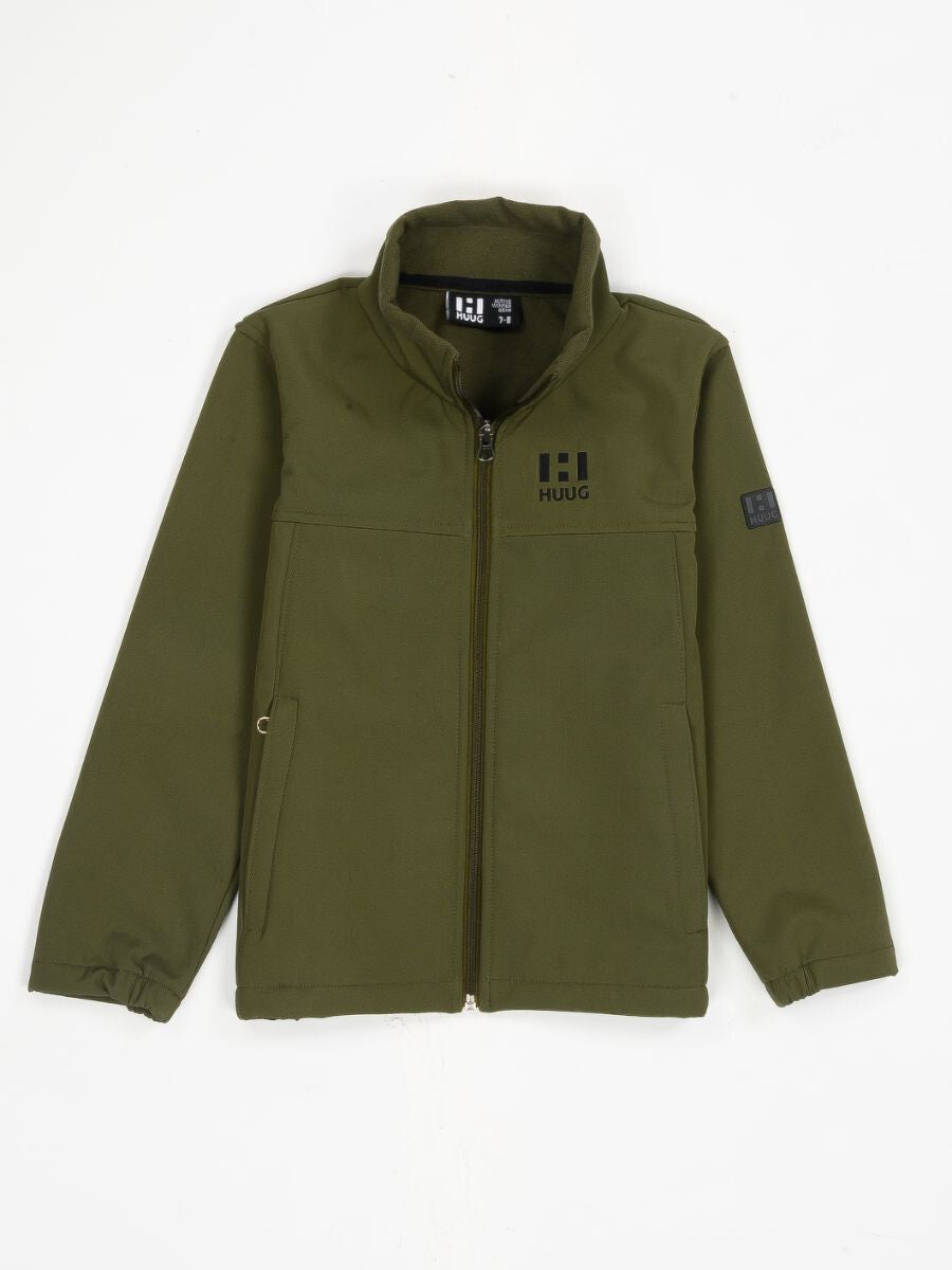 Olive Stand Up Collar Soft Shell Kids Jacket