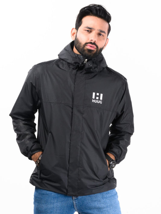 Men Black Windbreaker & Waterproof Rain Jacket