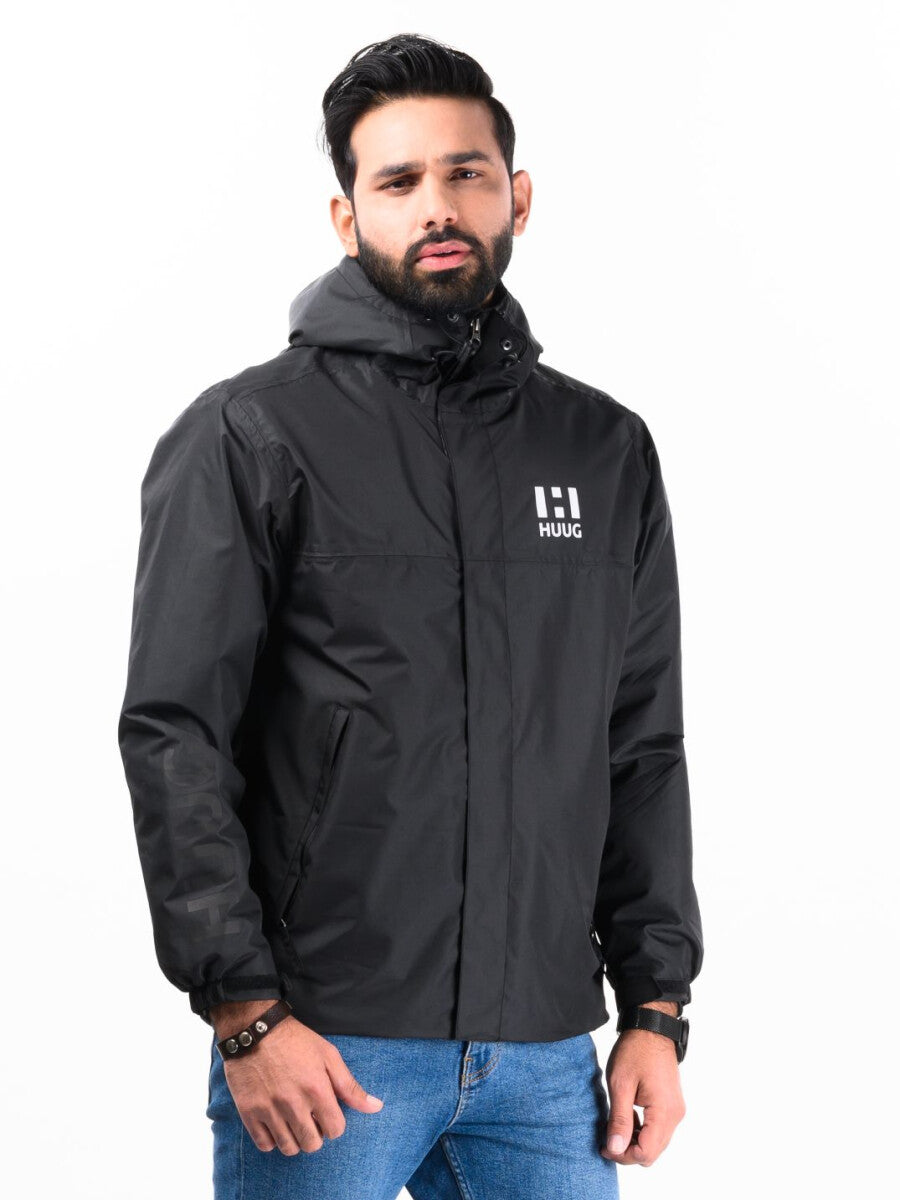 Men Black Windbreaker & Waterproof Rain Jacket