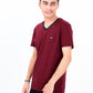 Men Burgundy & Black Cotton V-Neck Tee Shirt
