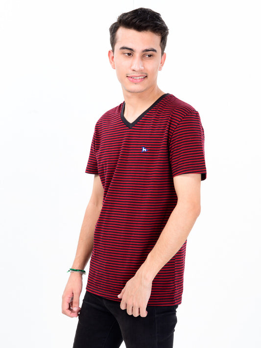 Men Burgundy & Black Cotton V-Neck Tee Shirt