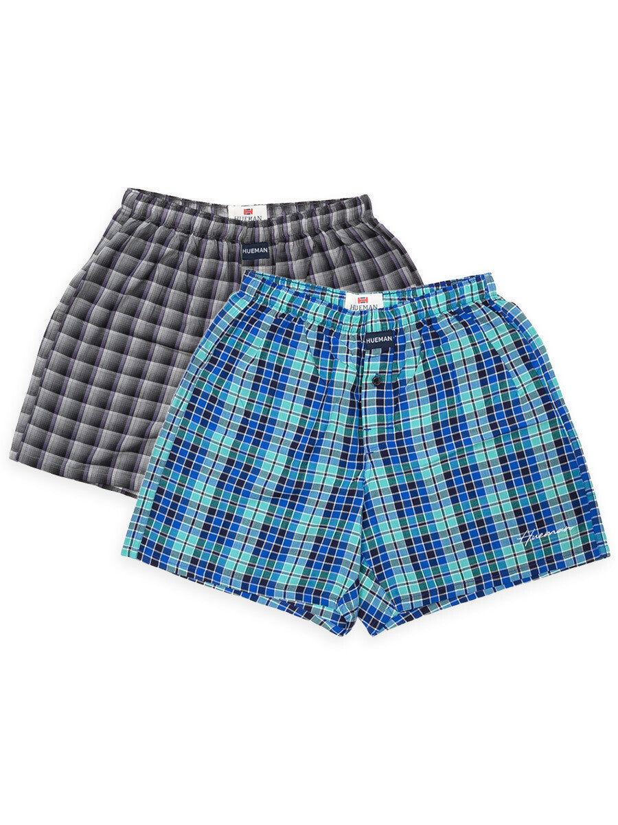 Men's Blue & Charcoal Woven Check Boxers Shorts With Button Fly Pack of 2