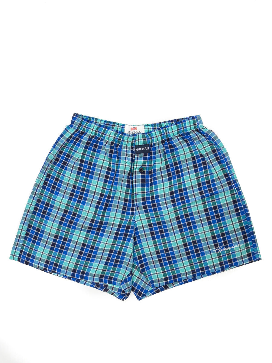 Men's Blue & Charcoal Woven Check Boxers Shorts With Button Fly Pack of 2