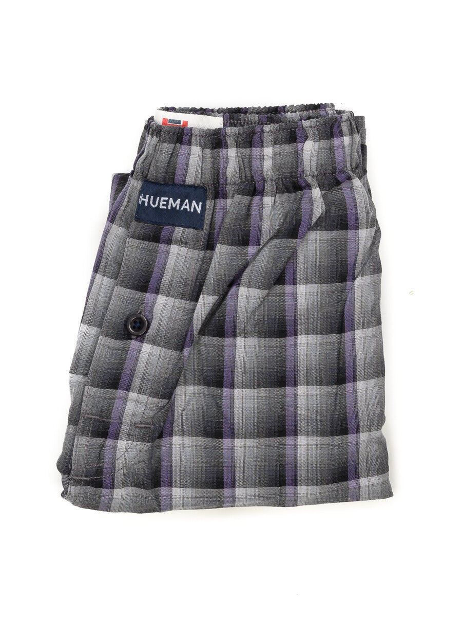 Men's Blue & Charcoal Woven Check Boxers Shorts With Button Fly Pack of 2