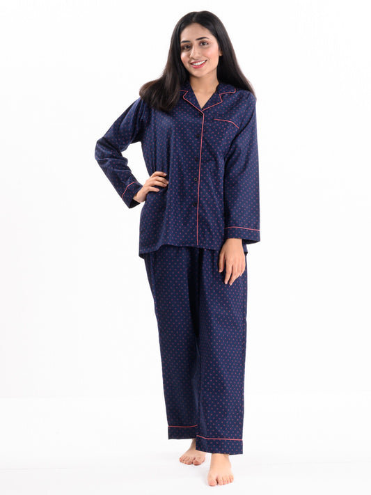 Women Navy & Pink Printed Cotton Relaxed Sleeping Suit