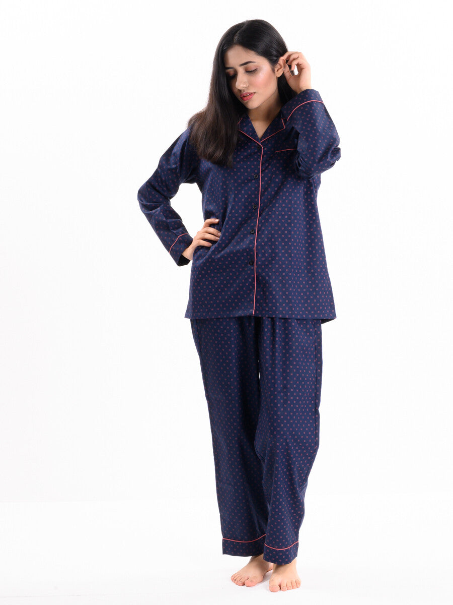 Women Navy & Pink Printed Cotton Relaxed Sleeping Suit