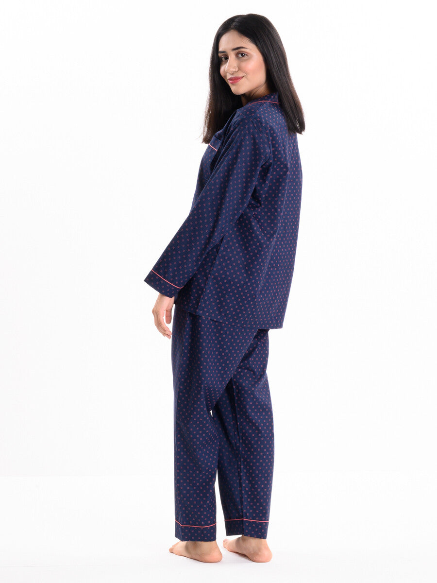 Women Navy & Pink Printed Cotton Relaxed Sleeping Suit