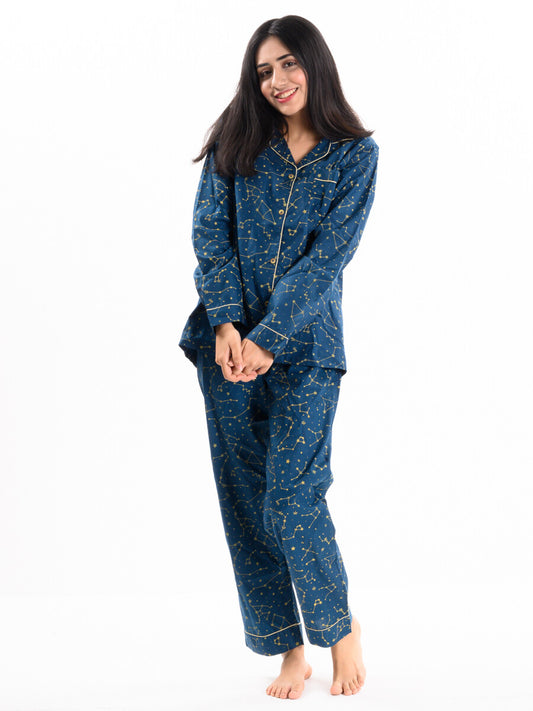 Blue & Yellow Cotton Relaxed Sleeping Suit