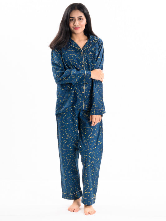 Blue & Yellow Cotton Relaxed Sleeping Suit