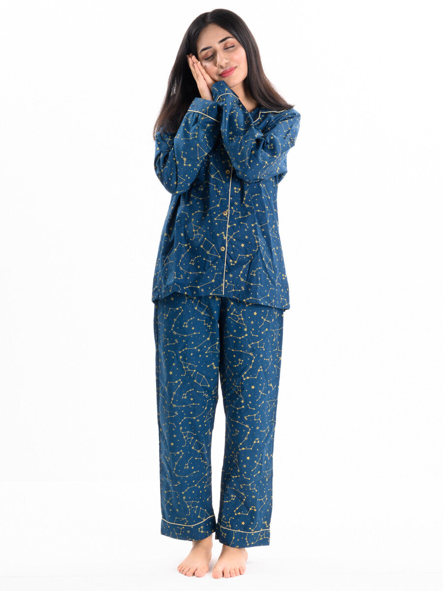 Blue & Yellow Cotton Relaxed Sleeping Suit